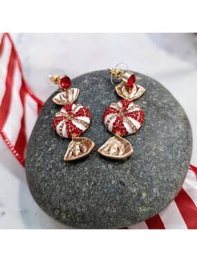 HOLIDAY Sparkle Red White Peppermint Dangle Post Earrings Christmas